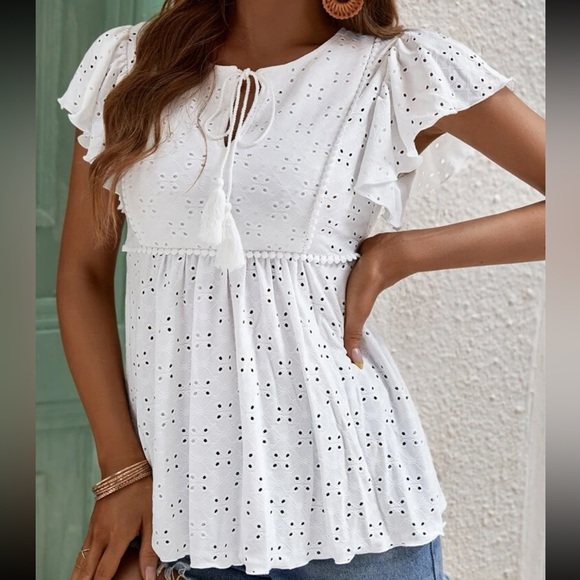 Elegant Peplum Tie Flutter Sleeve Eyelet Embroidered Top Blouse Shirt - Picture 7 of 13